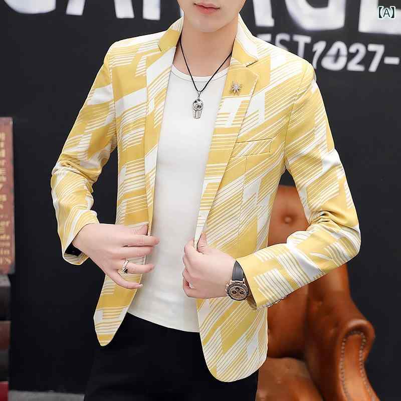 カジュアルジャケット メンズ インフルエンサー 韓国風 トレンド おしゃれ スリムフィット 細身 テーラードカラー シングルブレスト 1つボタン 普段使い アウター 春秋 ポリエステル イエロー レッド ブルー