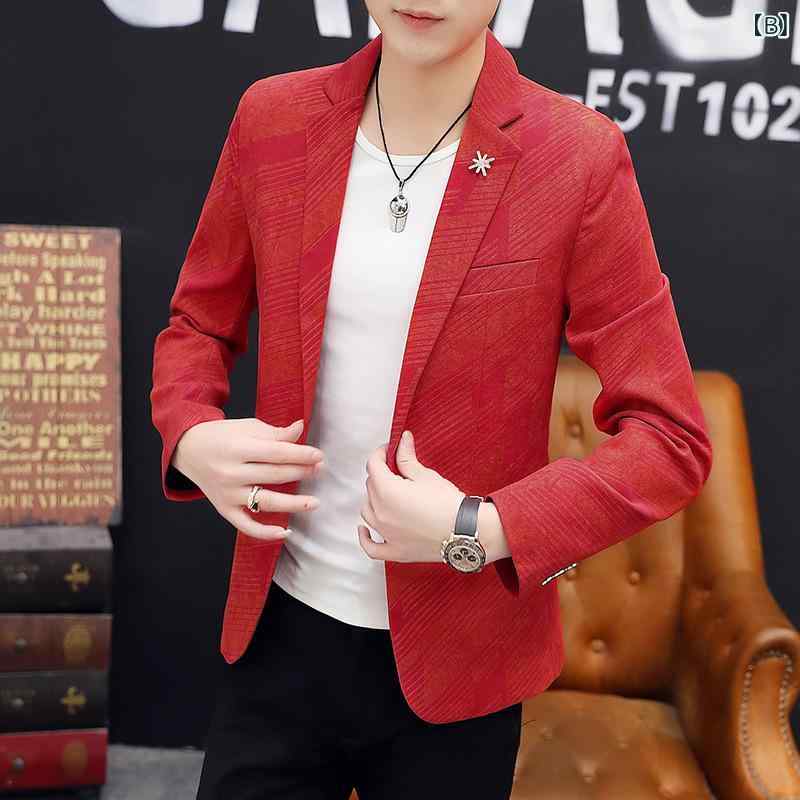 カジュアルジャケット メンズ インフルエンサー 韓国風 トレンド おしゃれ スリムフィット 細身 テーラードカラー シングルブレスト 1つボタン 普段使い アウター 春秋 ポリエステル イエロー レッド ブルー