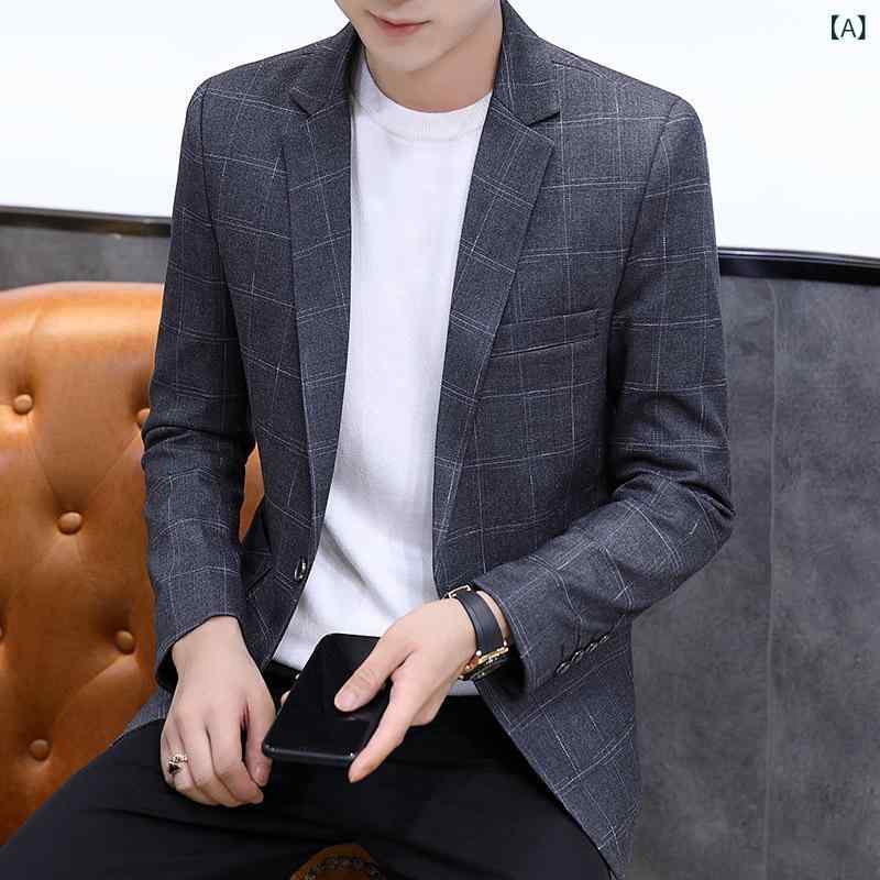 ジャケット メンズ 男性用 韓国風 トレンド スリムフィット スタイリッシュ カジュアル ビジネス オフィスカジュアル 通勤 普段使い テーラードジャケット ブレザー ポリエステル グレー ブラック ブルー 春秋