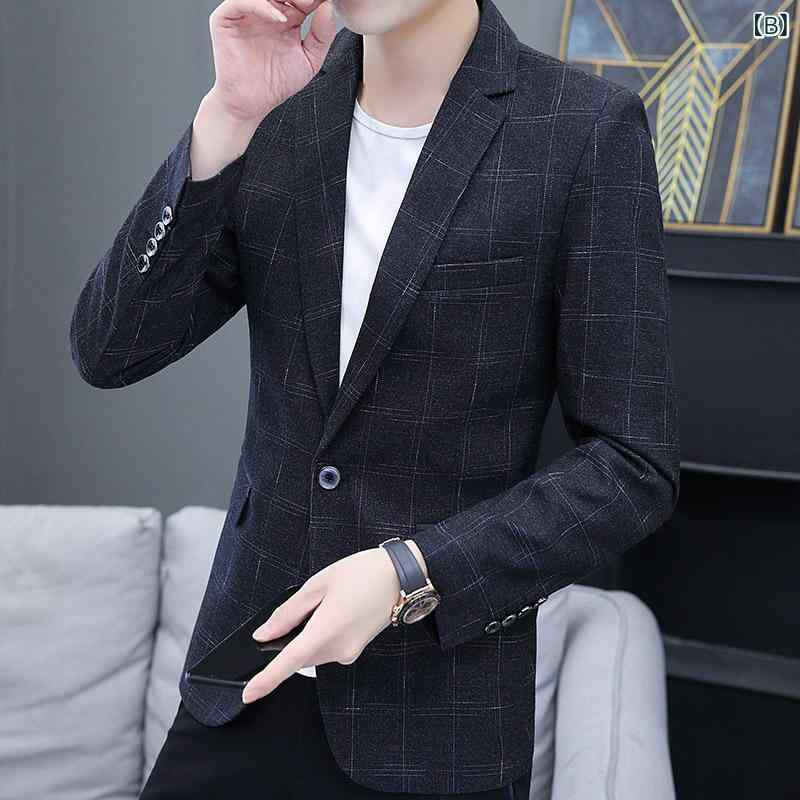 ジャケット メンズ 男性用 韓国風 トレンド スリムフィット スタイリッシュ カジュアル ビジネス オフィスカジュアル 通勤 普段使い テーラードジャケット ブレザー ポリエステル グレー ブラック ブルー 春秋