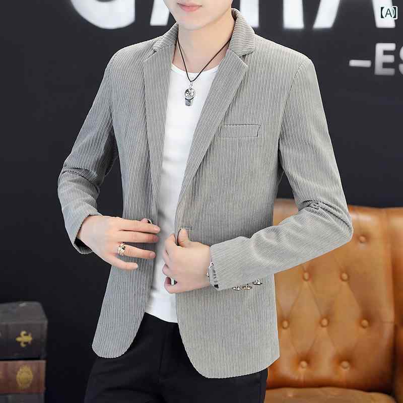 テーラードジャケット メンズ 男性用 コーデュロイ 厚手 暖かい スリムフィット 細身 シンプル アウター 秋冬 カジュアル ビジネス 通勤 普段使い シングルブレスト 1つボタン ポリエステル グレー ブラック ベージュ 形態安定