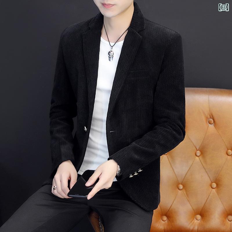 テーラードジャケット メンズ 男性用 コーデュロイ 厚手 暖かい スリムフィット 細身 シンプル アウター 秋冬 カジュアル ビジネス 通勤 普段使い シングルブレスト 1つボタン ポリエステル グレー ブラック ベージュ 形態安定