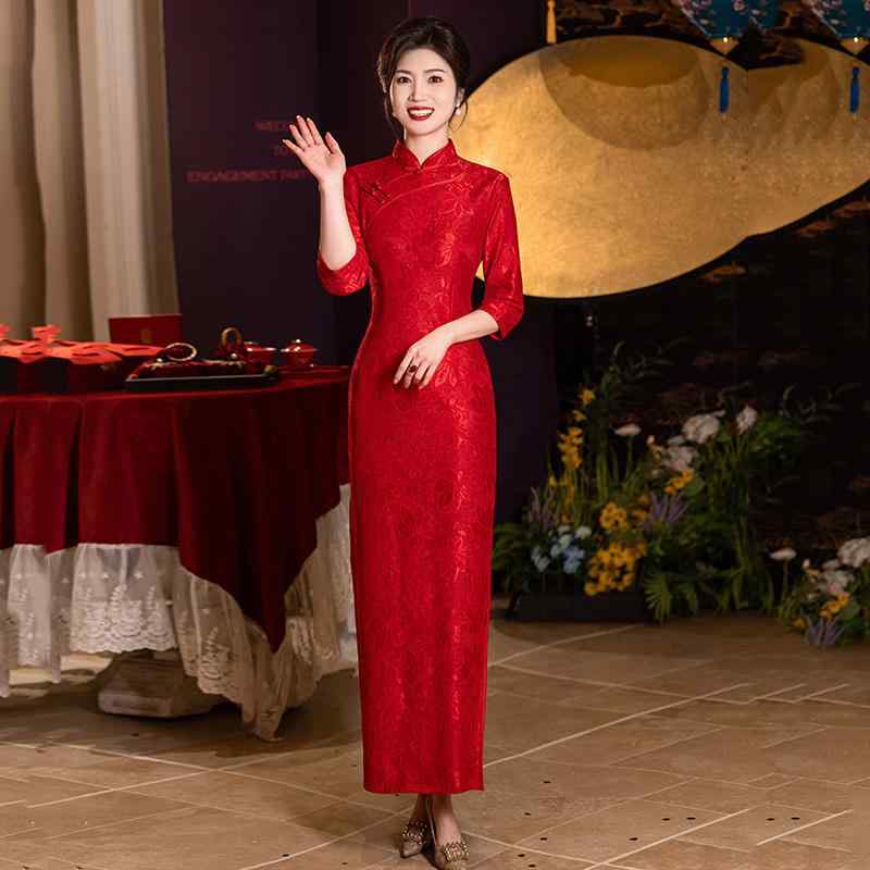 チャイナドレス レディース 赤 レッド レース 中華風 ロング丈 改良 エレガント レトロ 長袖 斜め襟 ス..