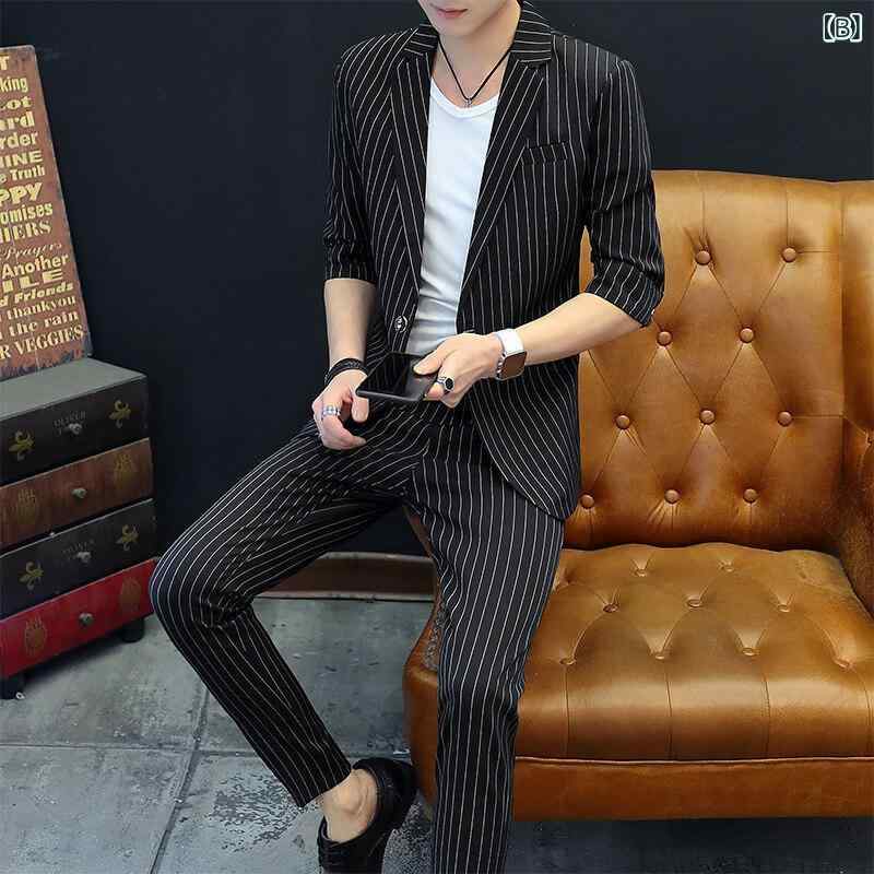 スーツ メンズ 男性用 夏 七分袖 韓国風 ファッション スリム 細身 ビジネス オフィス 通勤 デイリー 普段使い セットアップ ツーピース ジャケット テーラードカラー 化繊混紡 アセテート繊維 軽ビジネス