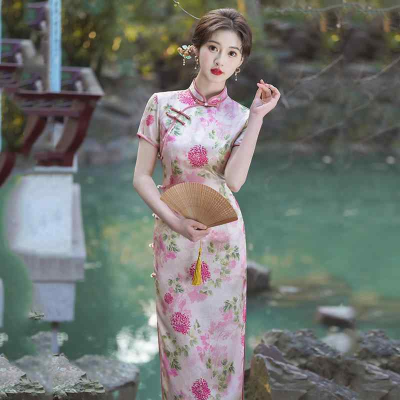 チャイナドレス レディース 中国風 レトロ エレガント ロング丈 スリムフィット 半袖 半ハイネック 斜め襟 八つ結びボタン 二重仕立て 普段使い 若者向け ポリエステル 春夏