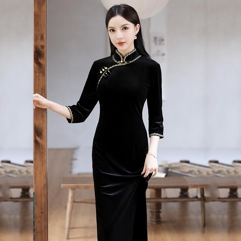 チャイナドレス レディース ブラック ベルベット ロング丈 長袖 改良 モダン 高級感 レトロ パーティー..