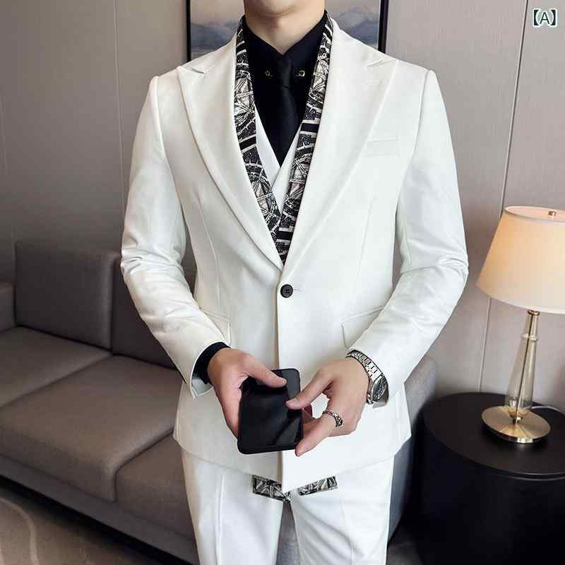 スーツ メンズ 韓国風 スタイリッシュ スリムフィット スリーピース スカーフデザイン コーデュロイ シングルブレスト 1つボタン ビジネス フォーマル デイリー