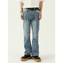 デニムパンツ メンズ 男性用 オールシーズン 韓国風 ゆったり フレア フリンジ 個性的 トレンド 綿混 ウォッシュ加工 ミドルウエスト ブルー 普段使い ジーンズ