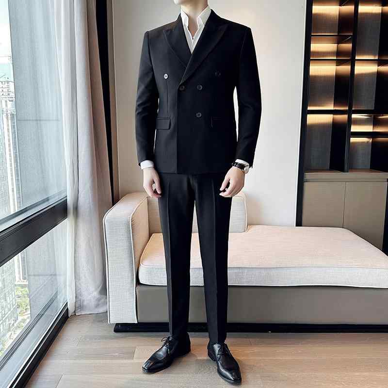 メンズ スーツ 秋冬 韓国風 スリムフィット ダブルブレスト スリーピース コーデュロイ 麻 ジャケット セットアップ ブラック ビジネス 通勤 オフィス フォーマル