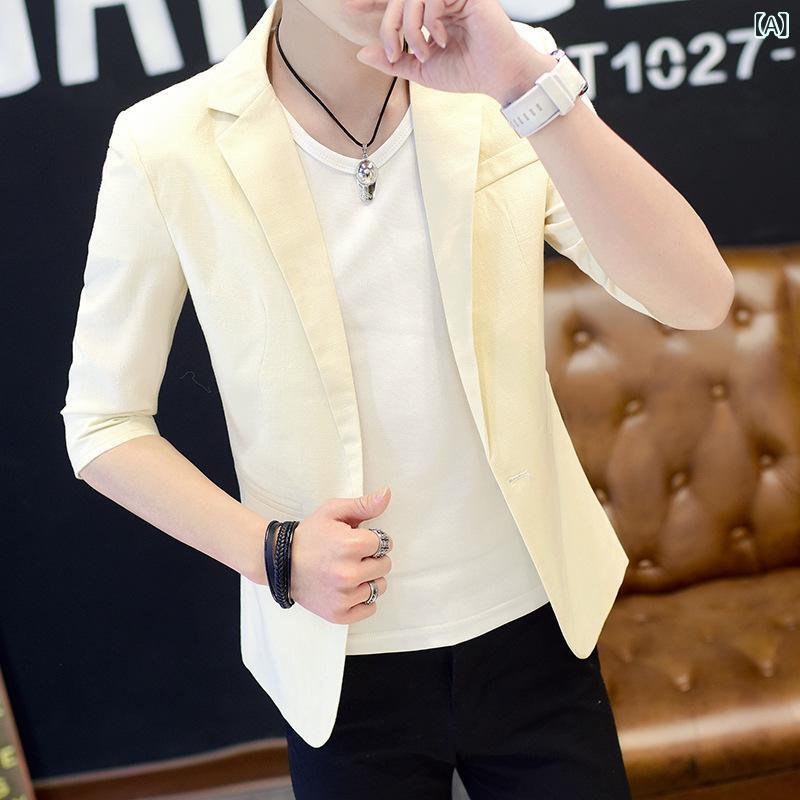 テーラードジャケット メンズ 韓国ファッション ワンボタン スリムフィット 薄手 夏 ビジネス カジュアル オフィス 無地 中袖 ポリエステル シワになりにくい イージーケア 普段使い デイリーユース ライトアウター