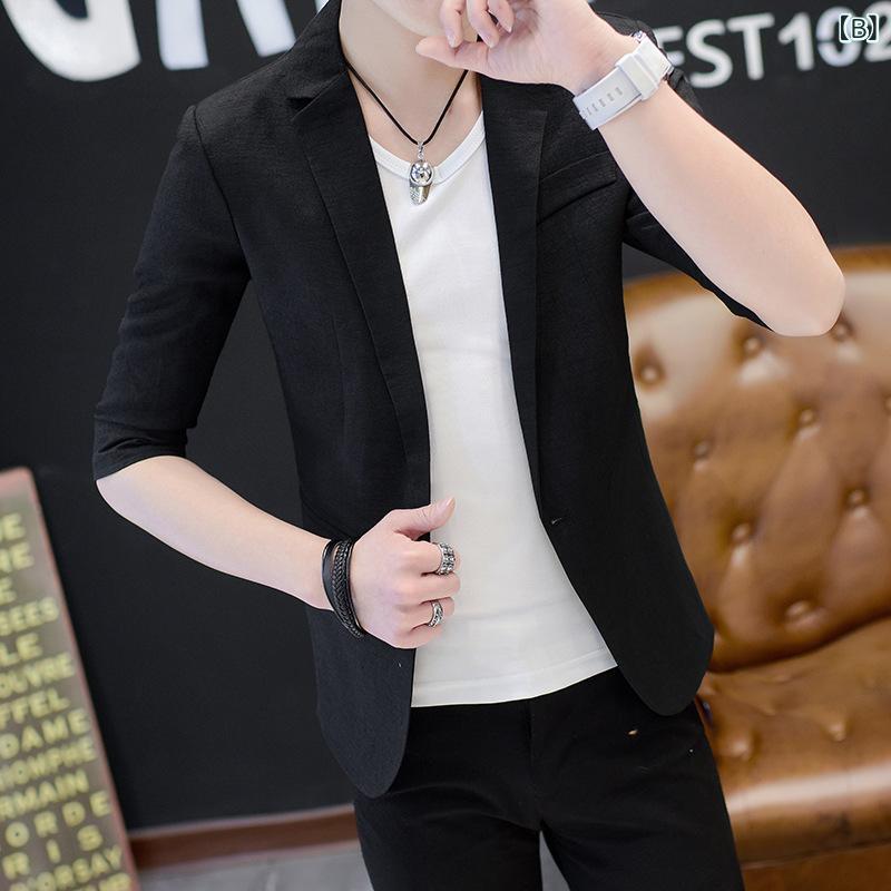 テーラードジャケット メンズ 韓国ファッション ワンボタン スリムフィット 薄手 夏 ビジネス カジュアル オフィス 無地 中袖 ポリエステル シワになりにくい イージーケア 普段使い デイリーユース ライトアウター
