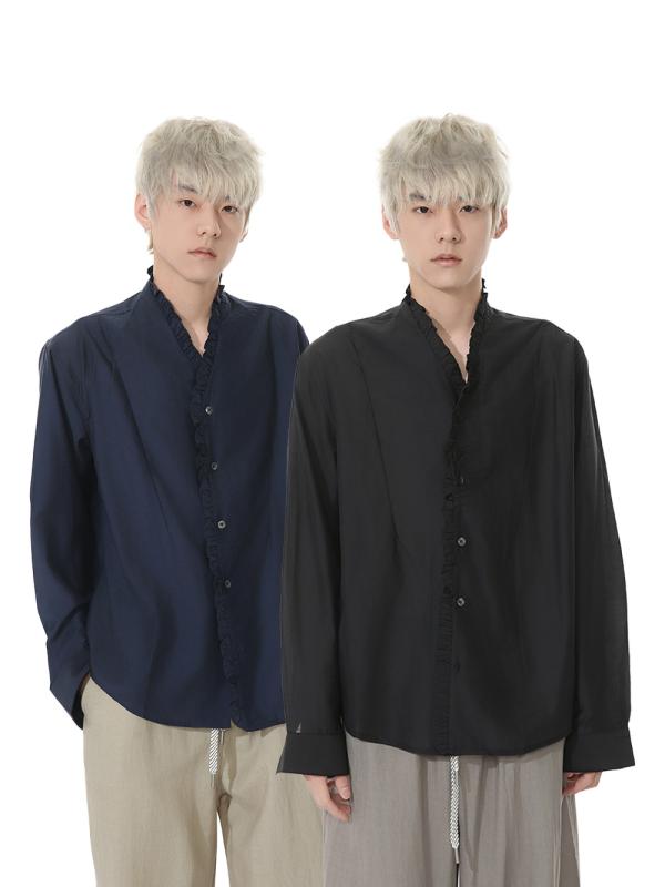 楽天way-ugoシャツ メンズ 春秋 テンセル アセテート フレンチレトロ 宮廷風 プリーツ フリル Vネック ルーズフィット 長袖 無地 高級感 普段使い