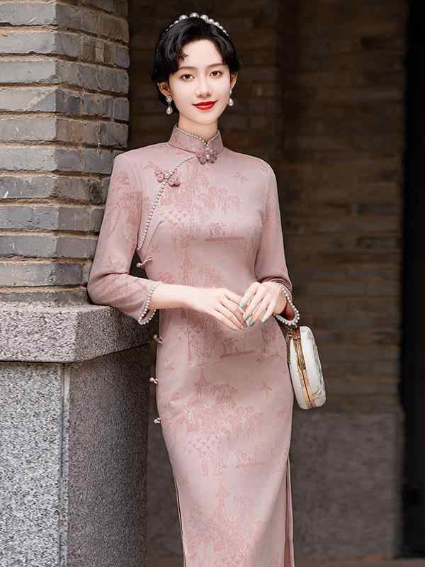 チャイナドレス レディース 若者向け 改良型 レトロ クラシカル スタンドカラー 斜め襟 スリムシルエット 七分袖 スエード調 ポリエステル エンボス加工 プリント柄 普段使い お出かけ 春秋 エレガント 上品(4)