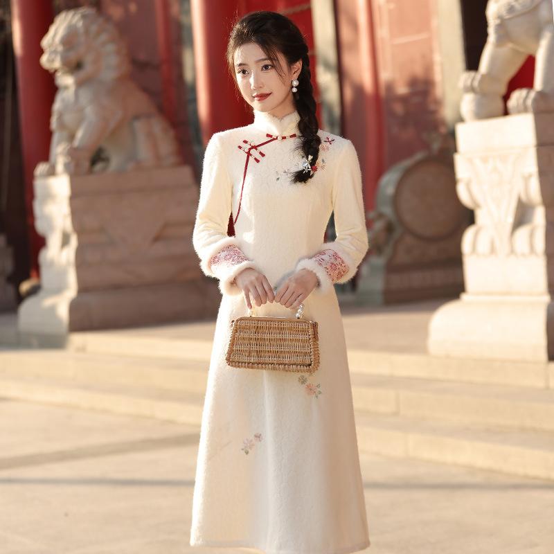 チャイナドレス レディース ヤング 厚手 秋冬 中国風 モダンチャイナ 普段使い 改良型 レトロ 長袖 着..