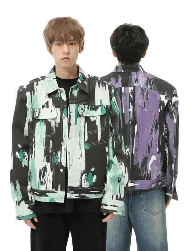 ジャケット メンズ 秋冬 アメカジ ストリート 肩パッド入り タイダイ 絞り染め 切り替えデザイン 襟付き ワークスタイル ブルゾン スリムフィット コットン デイリーユース グリーン パープル