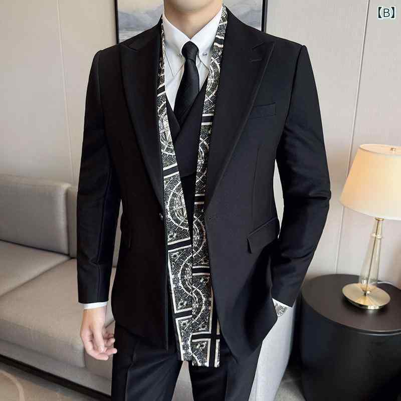 スーツ メンズ 韓国風 スタイリッシュ スリムフィット スリーピース スカーフデザイン コーデュロイ シングルブレスト 1つボタン ビジネス フォーマル デイリー
