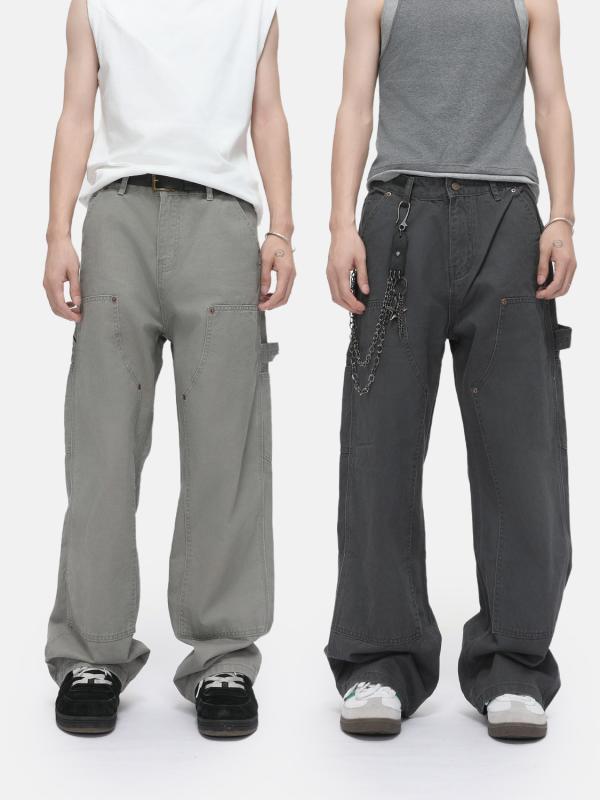 楽天way-ugoデニムパンツ メンズ 男性用 レトロ ヴィンテージ リベット スタッズ ウォッシュ加工 ゆったり ルーズフィット ワイドシルエット 万能 カジュアル 綿 コットン ノンストレッチ ミッドウエスト 普段使い ワークウェア ブラック系 ライトグレー系