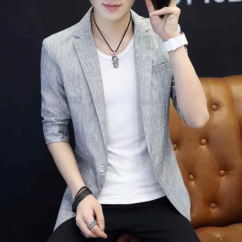 ジャケット メンズ 男性用 若者 夏用 七分袖 無地 スリム 韓国風 カジュアル テーラードジャケット ポリエステル 普段使い オフィス ブラック ホワイト グレー