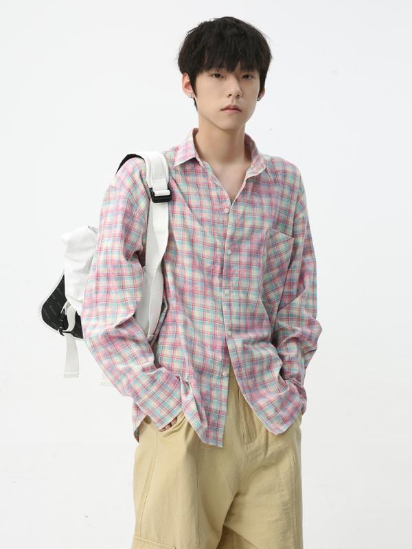 シャツ メンズ 男性用 韓国風 レトロ タイダイ ウォッシュ加工 チェック柄 長袖 ビッグシルエット 綿 コットン カジュアル 普段使い 春夏 ピンク ブルー