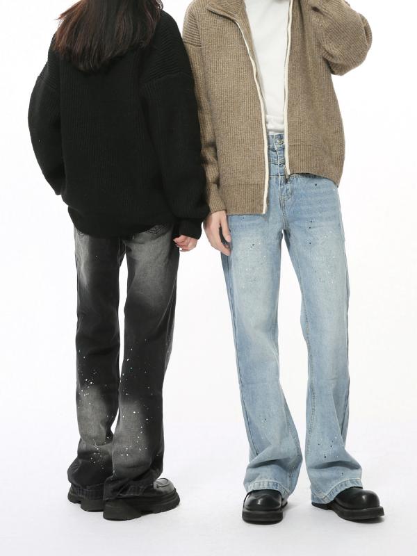 デニムパンツ メンズ 男性用 韓国風 個性的 スプラッシュペイント ブリーチ加工 色落ち 微フレア ブーツカット ルーズフィット レトロ ヴィンテージ 普段使い オールシーズン 綿混 コットンブレンド