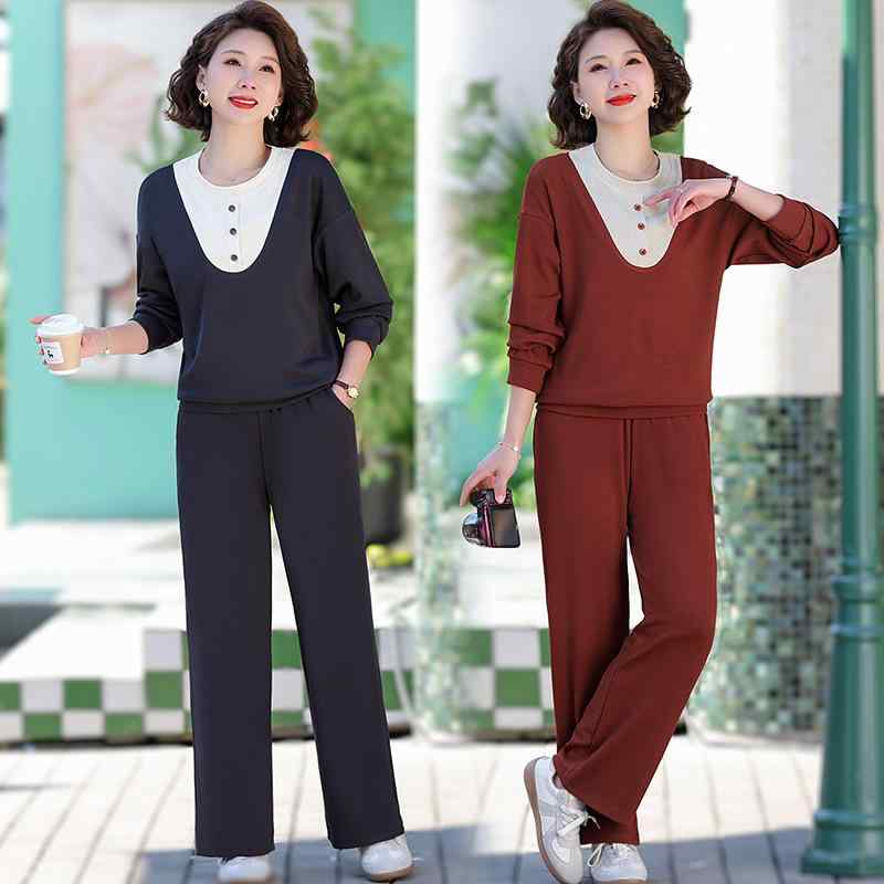 セットアップ レディース 女性用 ミセス ママ服 中高年向け プルオーバー 配色切り替え バイカラー 体型カバー 着痩せ スタイルアップ 上品 エレガント 普段使い デイリーユース 通勤 オフィス ロングパンツ 2点セット ポリエステル素材 中厚手 春夏