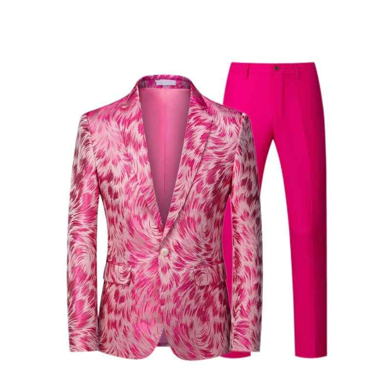 スーツ メンズ 男性用 ファッション 個性的 ジャカード織り シングルブレスト 1つボタン スリムフィット 薄手 レーヨン混紡 ツーピース 2点セット ピンク ビジネス ステージ衣装 舞台 演出 宴会 パーティー 結婚式 ウェディング フォーマル