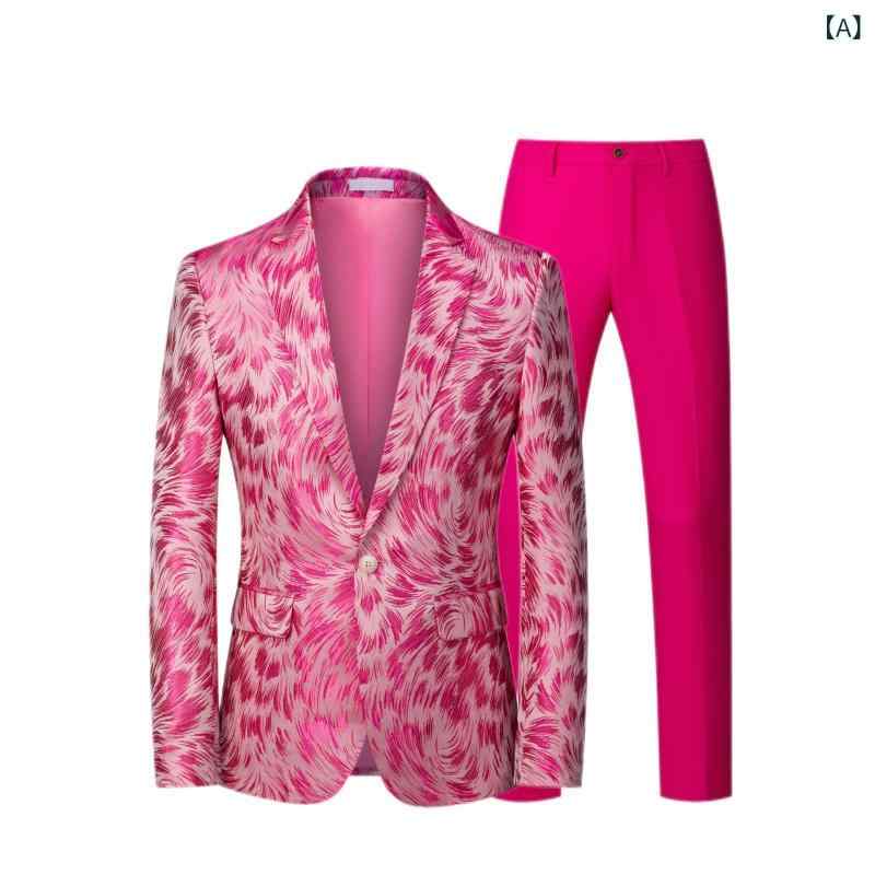 スーツ メンズ 男性用 ファッション 個性的 ジャカード織り シングルブレスト 1つボタン スリムフィット 薄手 レーヨン混紡 ツーピース 2点セット ピンク ビジネス ステージ衣装 舞台 演出 宴会 パーティー 結婚式 ウェディング フォーマル