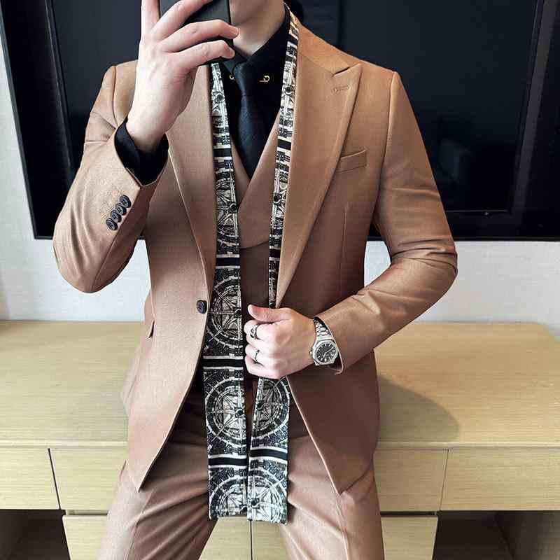 スーツ メンズ 韓国風 スタイリッシュ スリムフィット スリーピース スカーフデザイン コーデュロイ シングルブレスト 1つボタン ビジネス フォーマル デイリー