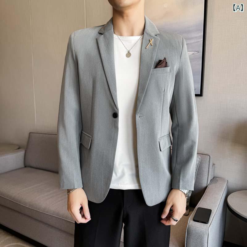 ジャケット メンズ 無地 シングルボタン 快適 着心地良い ビジネス オフィス 通勤 カジュアル スリムフィット ノッチドラペル センターベント レギュラー厚 化繊混紡 おしゃれ グレー系 ブラック