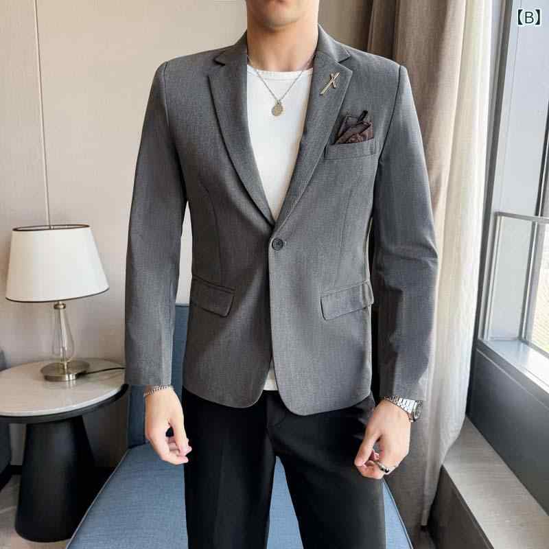 ジャケット メンズ 無地 シングルボタン 快適 着心地良い ビジネス オフィス 通勤 カジュアル スリムフィット ノッチドラペル センターベント レギュラー厚 化繊混紡 おしゃれ グレー系 ブラック