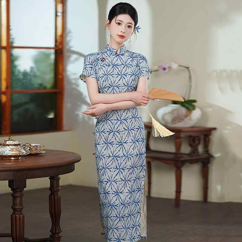 チャイナドレス レディース 改良 モダン レトロ ロング丈 半袖 スリムフィット スタンドカラー 斜め合わせ 普段使い 春夏 ポリエステル ブルー