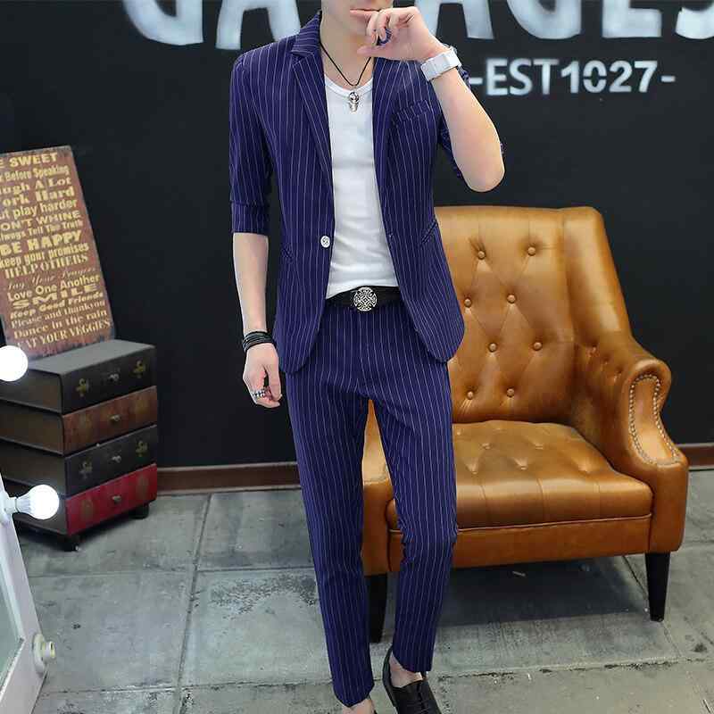 スーツ メンズ 男性用 夏 七分袖 韓国風 ファッション スリム 細身 ビジネス オフィス 通勤 デイリー 普段使い セットアップ ツーピース ジャケット テーラードカラー 化繊混紡 アセテート繊維 軽ビジネス