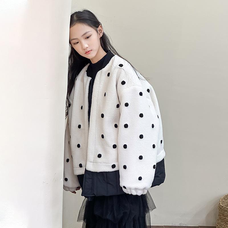 コート ガールズ ジュニア 冬物 中綿コート 厚手 暖かい おしゃれ カジュアル ドット柄 ノーカラー ラウンドネック アウター 防寒 小中学生向け 通学 普段使い(4)