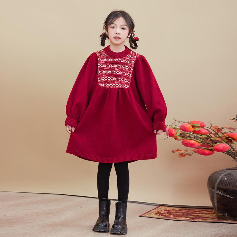 ワンピース キッズ 女の子 中国風 お正月 ニット ロング丈 プリンセスドレス 長袖 プリーツスカート 無..