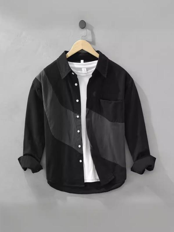 シャツ メンズ 男性用 長袖 切り替え配色 カラーブロックデザイン 襟付き スリムフィット 綿混 コット..