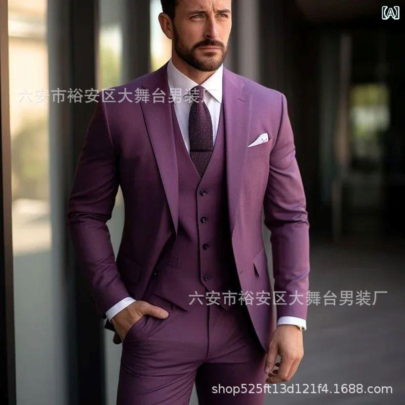 スーツ メンズ スリーピース セットアップ ビジネス ライトビジネス カジュアル 結婚式 披露宴 パーティー フォーマル スリムフィット 細身シルエット 綿混 アセテート混紡 春秋