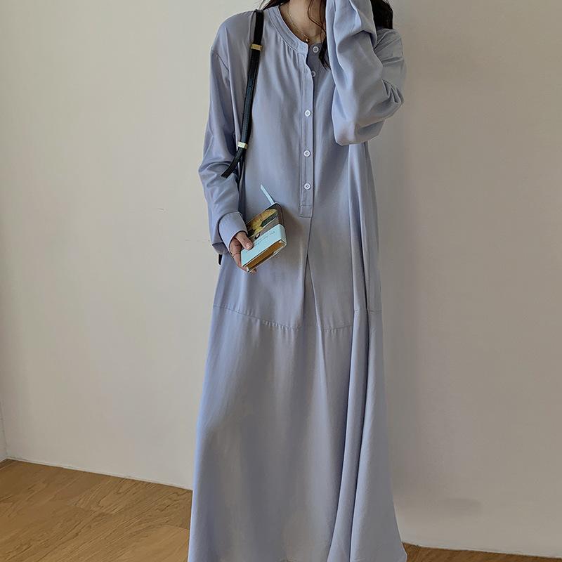 シャツワンピース レディース 春夏 韓国風 ロング丈 長袖 裾フリル フレア Aライン ポリエステル 無地 切り替え ラウンドネック 前ボタン ミドルウエスト ブルー カジュアル 普段使い お出かけ