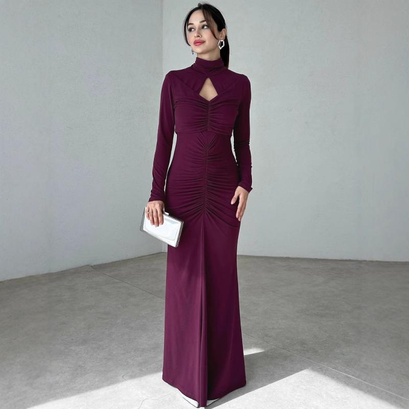 ワンピース レディース 秋冬 ハイネック タートルネック 長袖 ロングスリーブ エレガント 上品 欧米風 透かしデザイン カットアウト スリムフィット プリーツ ドレープ 無地 ハイウエスト マーメイドスカート ポリエステル オフィス 通勤 デート 普段