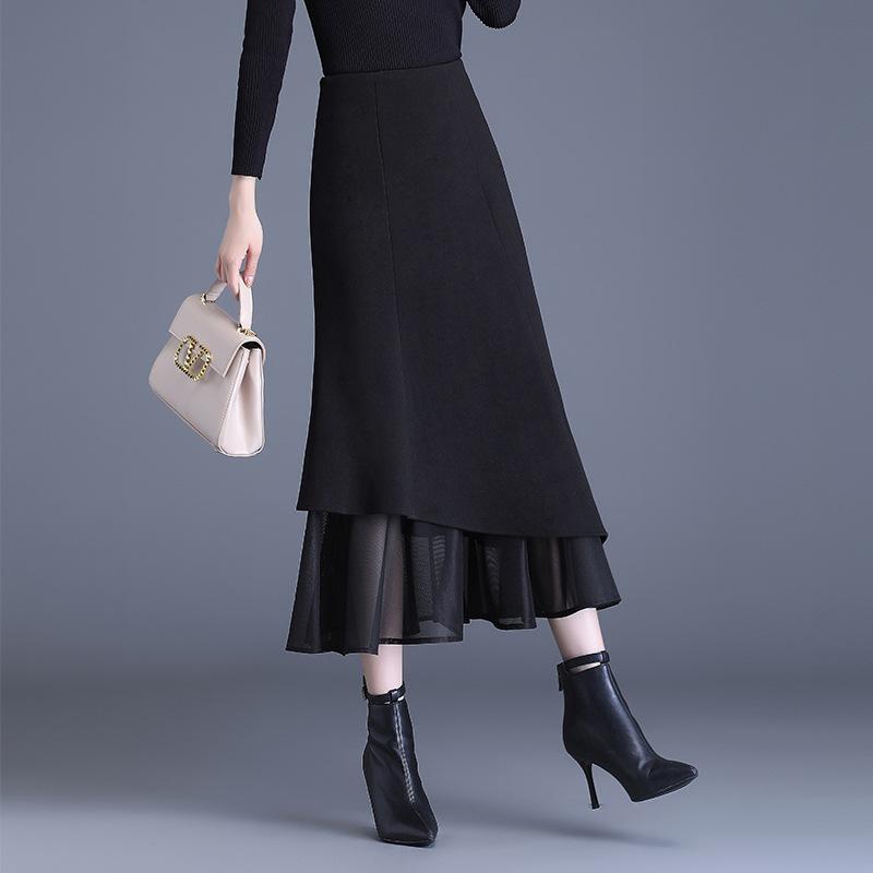 マーメイドスカート レディース 大きいサイズ ぽっちゃりさん プラスサイズ ウール調 ポリエステル ハイウエスト ロング丈 足首丈 秋冬 上品 エレガント 体型カバー 美シルエット タイトシルエット オフィス 通勤 ブラック