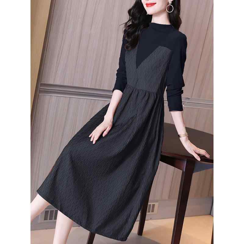 ワンピース 冬 高級感 おしゃれ デザイナーズ 体型カバー 着痩せ お腹カバー ブラック フェイクレイヤード レーヨン プリーツ ギャザー 切り替え ミディ丈 スタンドカラー 長袖 ワンショルダー ストリート ファッション カジュアル 普段使い