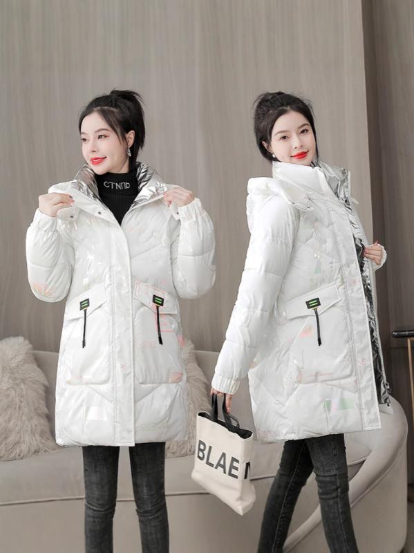 中綿ジャケット レディース ミドル丈 フード付き オーバーサイズ 光沢感 お手入れ簡単 暖かい 防寒 厚手 カジュアル 韓国風 秋冬(4)