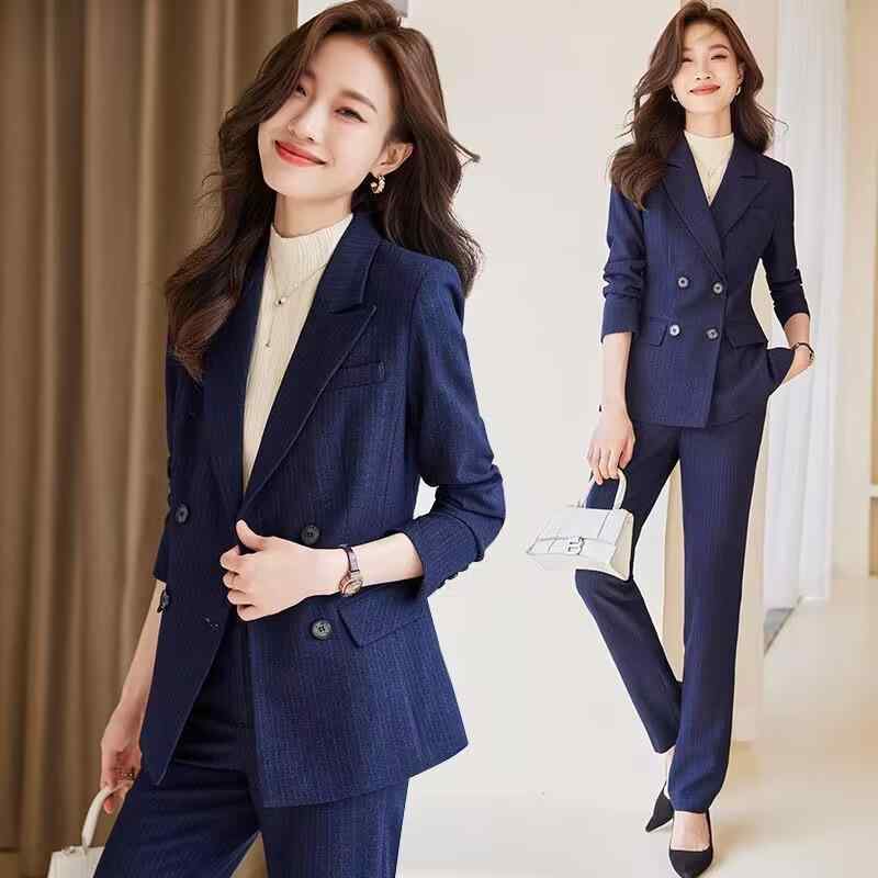テーラードジャケット レディース 女性用 秋冬 高級感 韓国風 エレガント きれいめ オフィス ビジネス フォーマル リクルート 通勤 面談 仕事着 ストライプ柄 長袖 ロングパンツ ポリエステル コットン スーツ セットアップ ブルー ブラック
