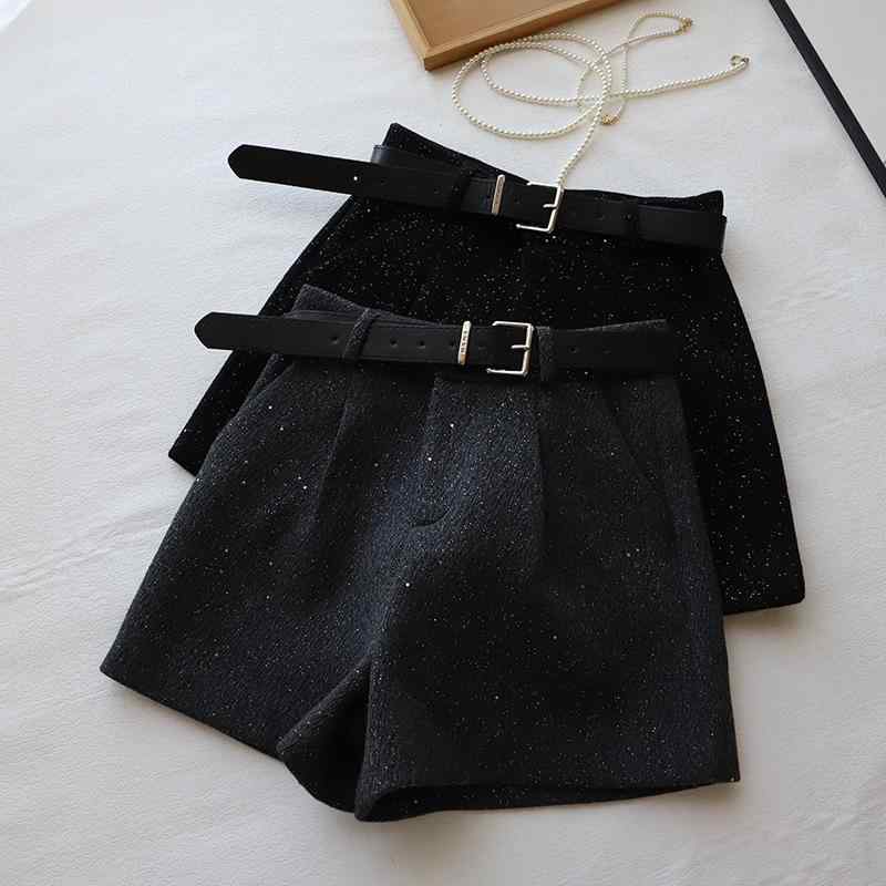 カジュアルパンツ レディース ハイウエスト Aライン ラメ スパンコール メルトン ショートパンツ 厚手 ワイド キュロット 切り替え ブラック グレー 冬 秋冬 普段使い きれいめ フェミニン