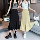 スカート レディース ミドル丈 膝下丈 マーメイド Aライン ウエストゴム ゆったり 大きいサイズ デザイン性 ポリエステル 通勤 オフィス 普段使い きれいめ 大人カジュアル 無地 ブラック 春夏 秋冬