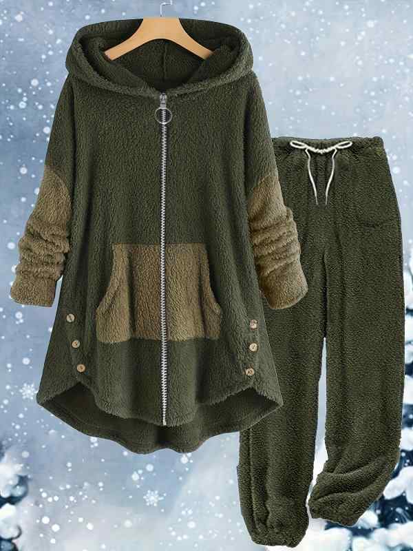 セットアップ レディース フード付き 切り替え ツーピース カジュアル 無地 ロングパンツ ジップアップ ポリエステル 夏 グレー カーキ ブラック ピンク