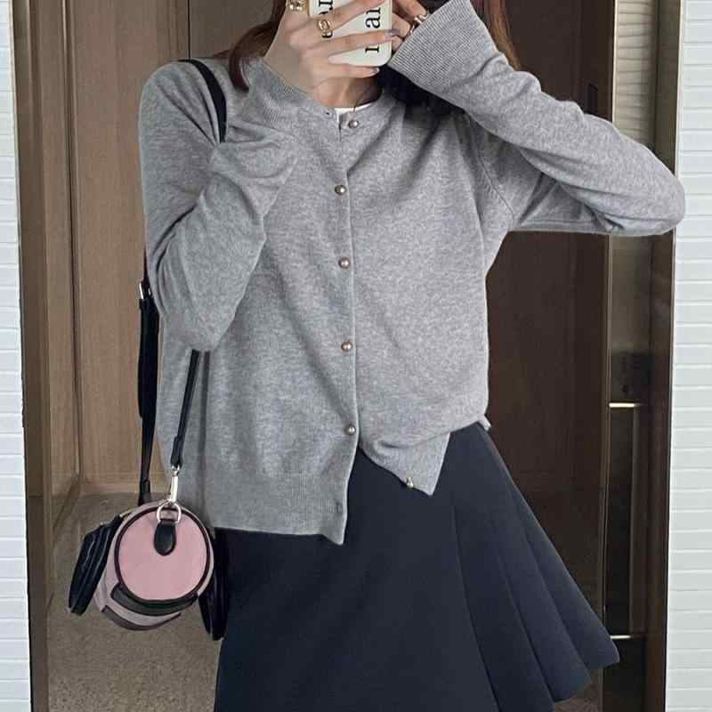 カーディガン レディース 女性用 グレー ニット ポリエステル 薄手 長袖 秋 羽織り クルーネック デザ..
