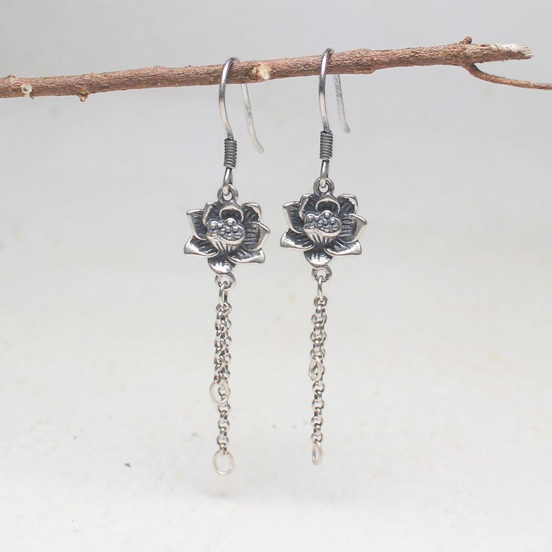 DIY ピアス レディース 女性用 S925シルバー 純銀 タイシルバー レトロ 中国風 民族風 蓮の花 揺れる タッセル フックピアス かわいい おしゃれ 普段使い お出かけ(x2)