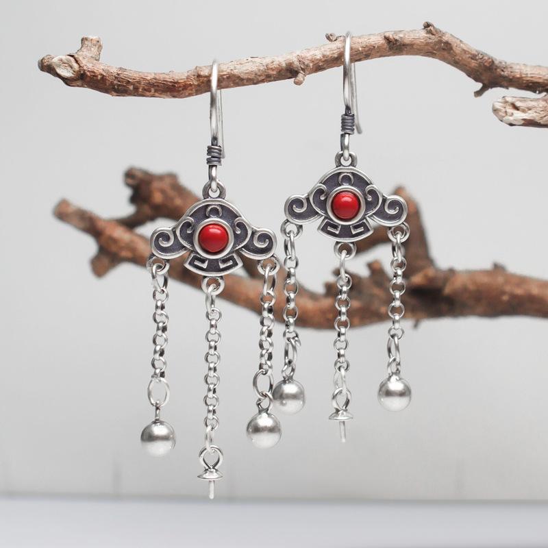 DIY ピアス イヤリング レディース 女性用 925シルバー 民族風 フリンジ タッセル 宮廷風 レトロ アンティーク 南紅 手作り アクセサリー(x2)(4)