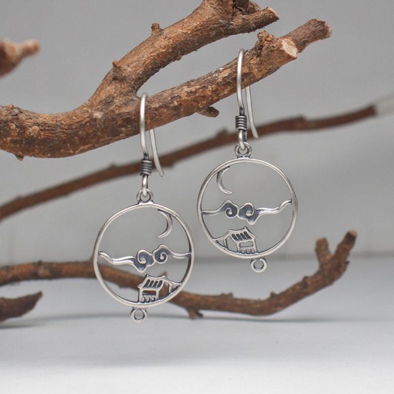 ピアスパーツ レディース 925純銀製 レトロ 民族風 月 祥雲 小屋 モチーフ イヤリングフック型 手作り DIY ハンドメイド 部材(4)