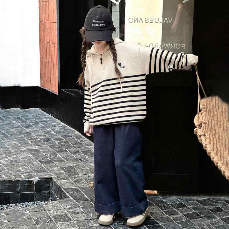 ニット ジュニア 女の子 秋冬 ストライプ フード付き セーター アクリル プルオーバー 長袖 トップス ..